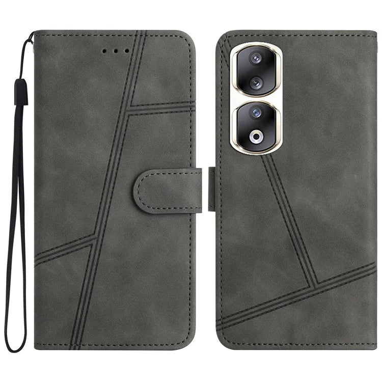 For Honor 90 Pro Cell Phone Case with Strap Lines Imprinted Folio Flip PU Leather Cover