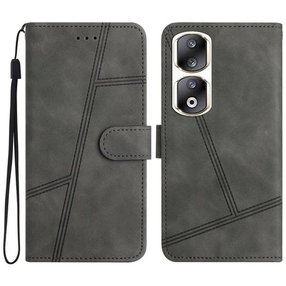 For Honor 90 Pro Cell Phone Case with Strap Lines Imprinted Folio Flip PU Leather Cover