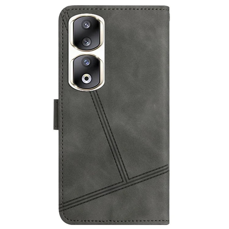 For Honor 90 Pro Cell Phone Case with Strap Lines Imprinted Folio Flip PU Leather Cover
