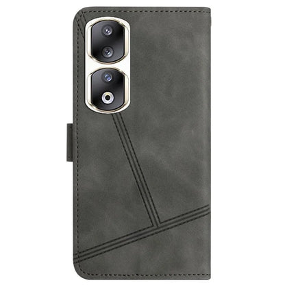 For Honor 90 Pro Cell Phone Case with Strap Lines Imprinted Folio Flip PU Leather Cover
