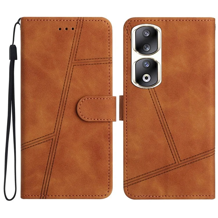 For Honor 90 Pro Cell Phone Case with Strap Lines Imprinted Folio Flip PU Leather Cover