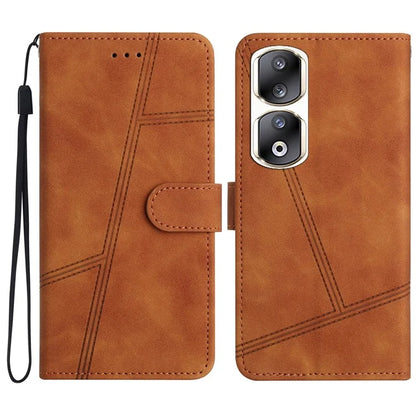 For Honor 90 Pro Cell Phone Case with Strap Lines Imprinted Folio Flip PU Leather Cover