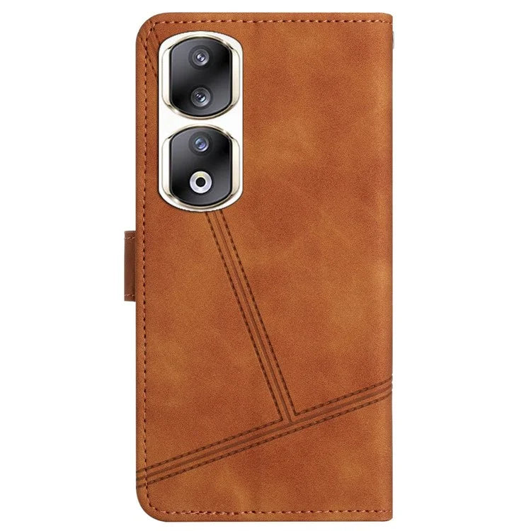 For Honor 90 Pro Cell Phone Case with Strap Lines Imprinted Folio Flip PU Leather Cover