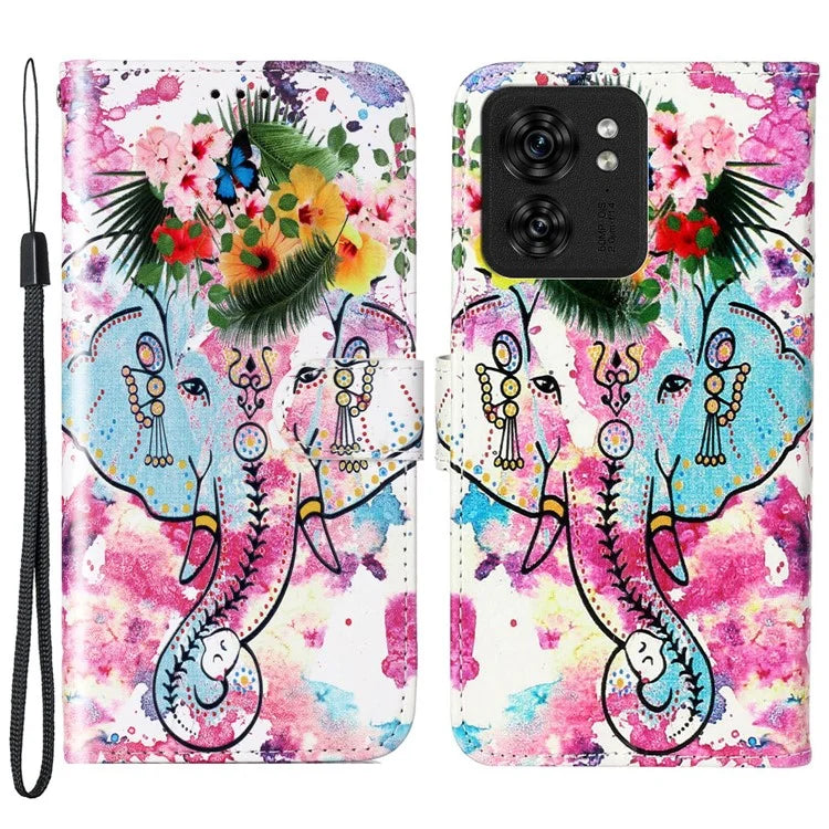 For Motorola Edge 40 5G Cell Phone Case Leather Pattern Printed Flip Stand Cover Elephant