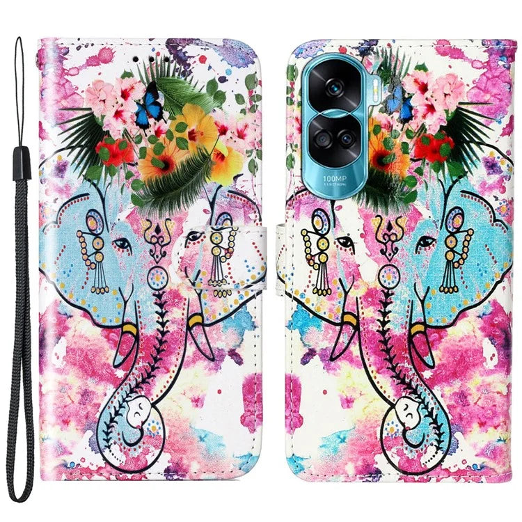 For Honor 90 Lite 5G / X50i 5G Leather Phone Case Pattern Printed Flip Protective Cover Elephant