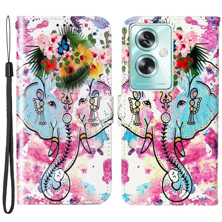 For Oppo A79 5G / A2 5G Case PU Leather+TPU Pattern Printed Flip Stand Phone Protector Elephant