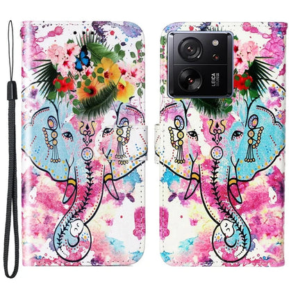 For Xiaomi 13T / 13T Pro / Redmi K60 Ultra Case Pattern Printed Flip Stand Phone Protective Cover with Wrist Strap Elephant