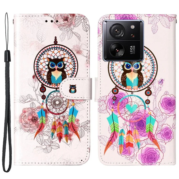 For Xiaomi 13T / 13T Pro / Redmi K60 Ultra Case Pattern Printed Flip Stand Phone Protective Cover with Wrist Strap