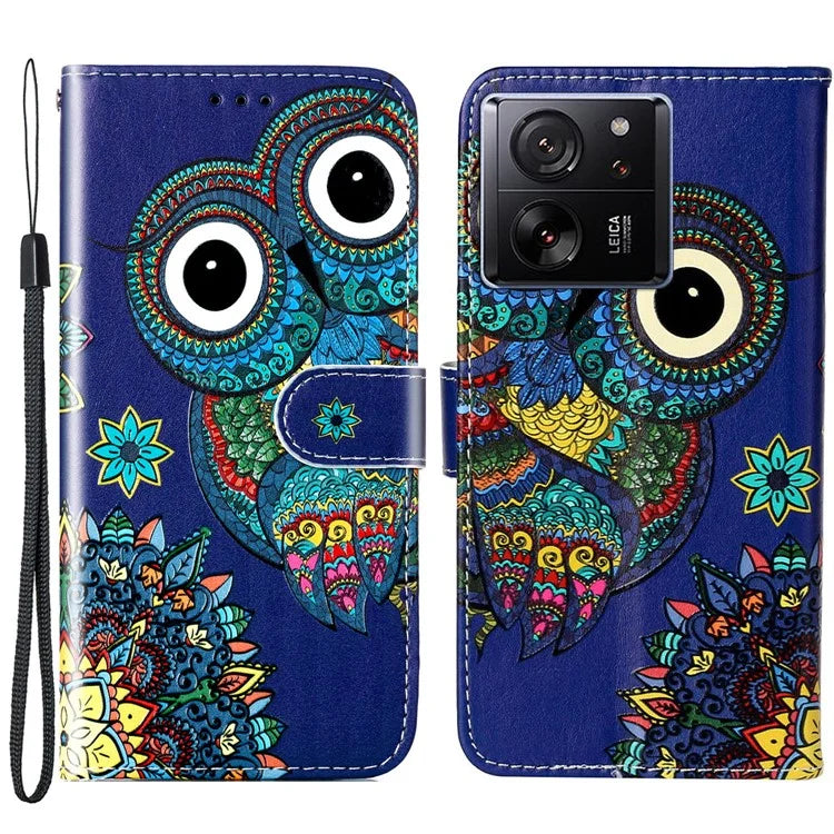 For Xiaomi 13T / 13T Pro / Redmi K60 Ultra Case Pattern Printed Flip Stand Phone Protective Cover with Wrist Strap