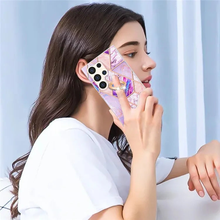 YB IMD Series-7 for Samsung Galaxy S24 Ultra Marble Case Ring Holder Phone Cover