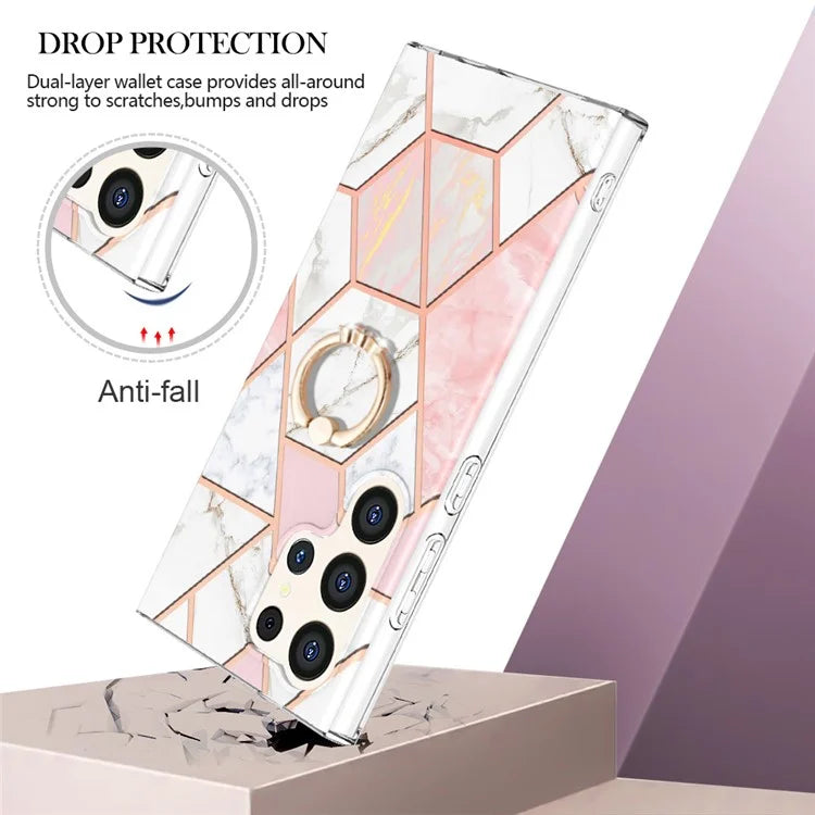 YB IMD Series-7 for Samsung Galaxy S24 Ultra Marble Case Ring Holder Phone Cover
