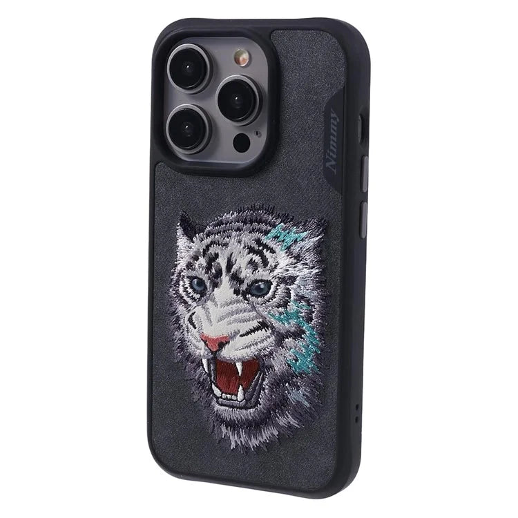 NIMMY For iPhone 15 Pro Phone Case Embroidery Animal Design Leather Back Cover