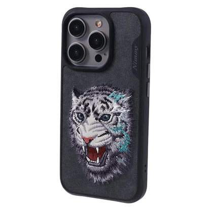 NIMMY For iPhone 15 Pro Phone Case Embroidery Animal Design Leather Back Cover