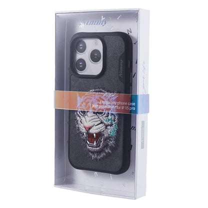 NIMMY For iPhone 15 Pro Phone Case Embroidery Animal Design Leather Back Cover