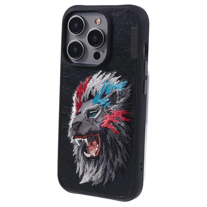 NIMMY For iPhone 15 Pro Phone Case Embroidery Animal Design Leather Back Cover