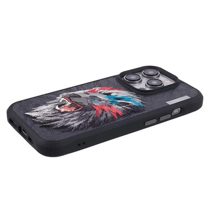 NIMMY For iPhone 15 Pro Phone Case Embroidery Animal Design Leather Back Cover