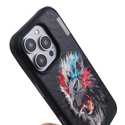 NIMMY For iPhone 15 Pro Phone Case Embroidery Animal Design Leather Back Cover