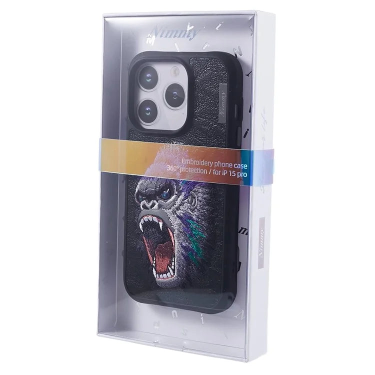 NIMMY For iPhone 15 Pro Phone Case Embroidery Animal Design Leather Back Cover
