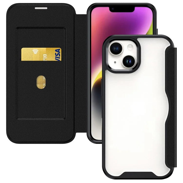For iPhone 14 Case RFID Blocking TPU+Acrylic+PU Cover with Card Holder