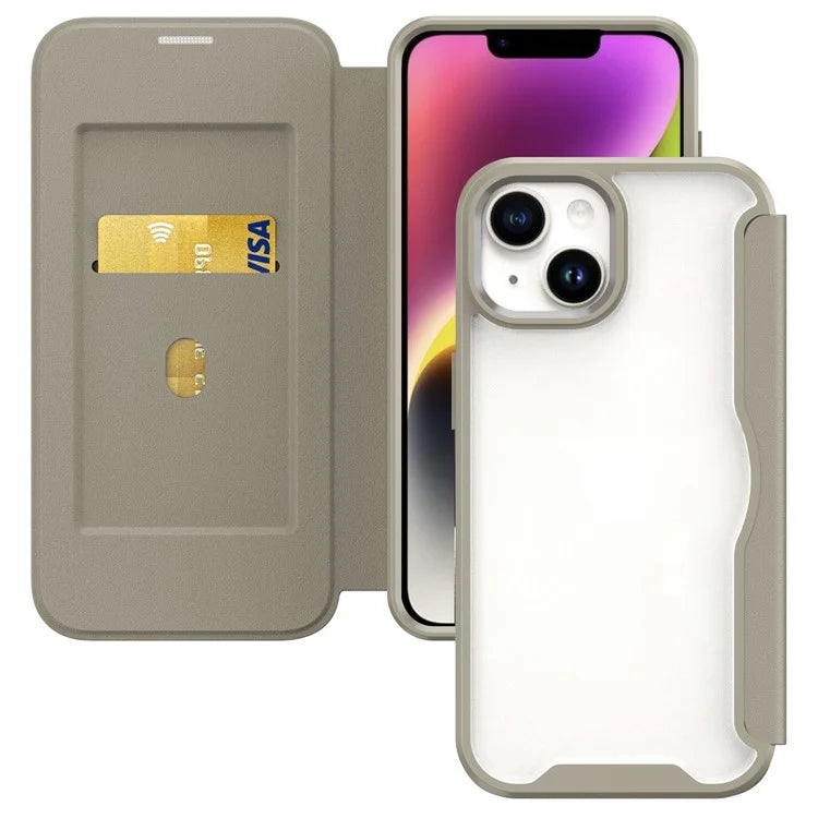 For iPhone 14 Case RFID Blocking TPU+Acrylic+PU Cover with Card Holder