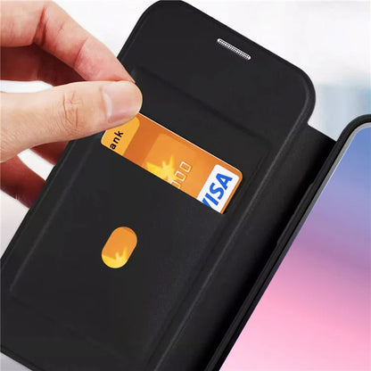 For iPhone 15 Plus Case PU Leather+TPU+Acrylic Card Slot Phone Protector