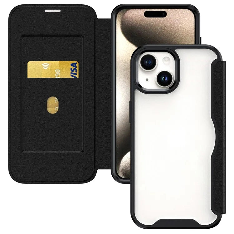 For iPhone 15 Plus Case PU Leather+TPU+Acrylic Card Slot Phone Protector