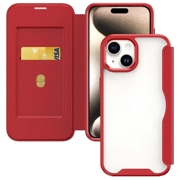 For iPhone 15 Plus Case PU Leather+TPU+Acrylic Card Slot Phone Protector