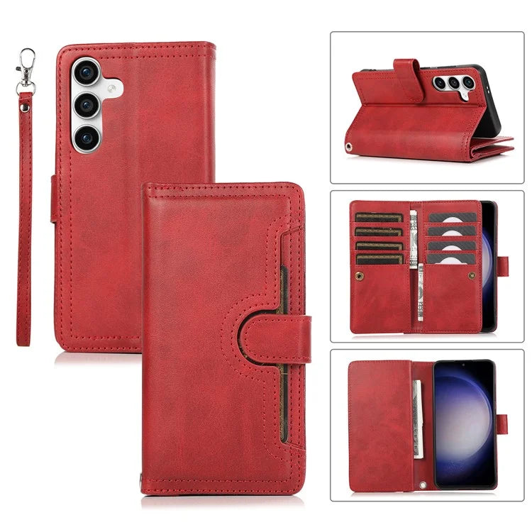 For Samsung Galaxy S24+ Cell Phone Cases Split Leather Stand Wallet Cover with Handy Strap