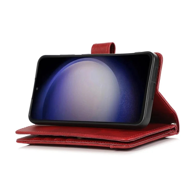 For Samsung Galaxy S24+ Cell Phone Cases Split Leather Stand Wallet Cover with Handy Strap