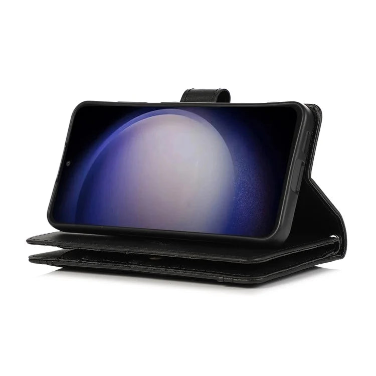 For Samsung Galaxy S24+ Cell Phone Cases Split Leather Stand Wallet Cover with Handy Strap