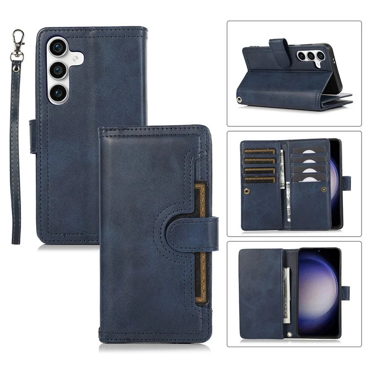 For Samsung Galaxy S24+ Cell Phone Cases Split Leather Stand Wallet Cover with Handy Strap