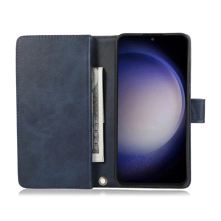 For Samsung Galaxy S24+ Cell Phone Cases Split Leather Stand Wallet Cover with Handy Strap
