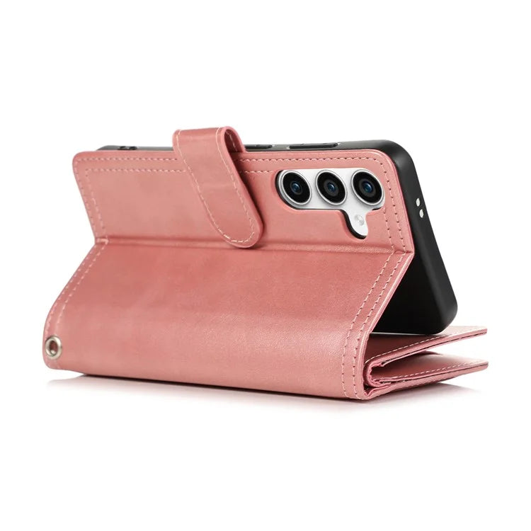 For Samsung Galaxy S24+ Cell Phone Cases Split Leather Stand Wallet Cover with Handy Strap