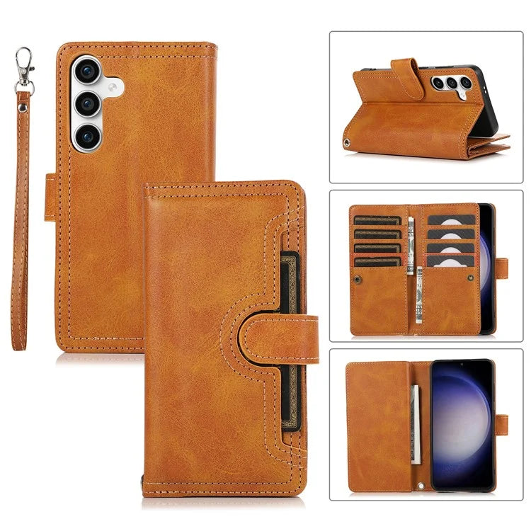 For Samsung Galaxy S24+ Cell Phone Cases Split Leather Stand Wallet Cover with Handy Strap