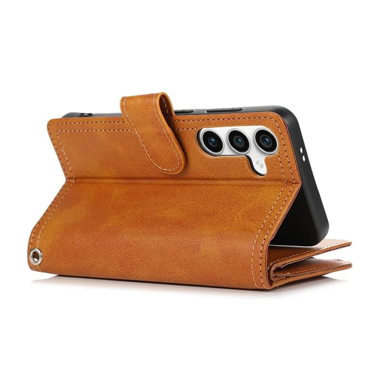 For Samsung Galaxy S24+ Cell Phone Cases Split Leather Stand Wallet Cover with Handy Strap