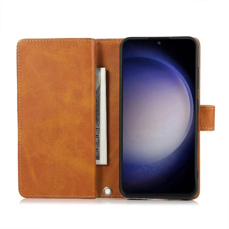 For Samsung Galaxy S24+ Cell Phone Cases Split Leather Stand Wallet Cover with Handy Strap
