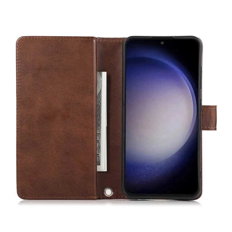 For Samsung Galaxy S24+ Cell Phone Cases Split Leather Stand Wallet Cover with Handy Strap