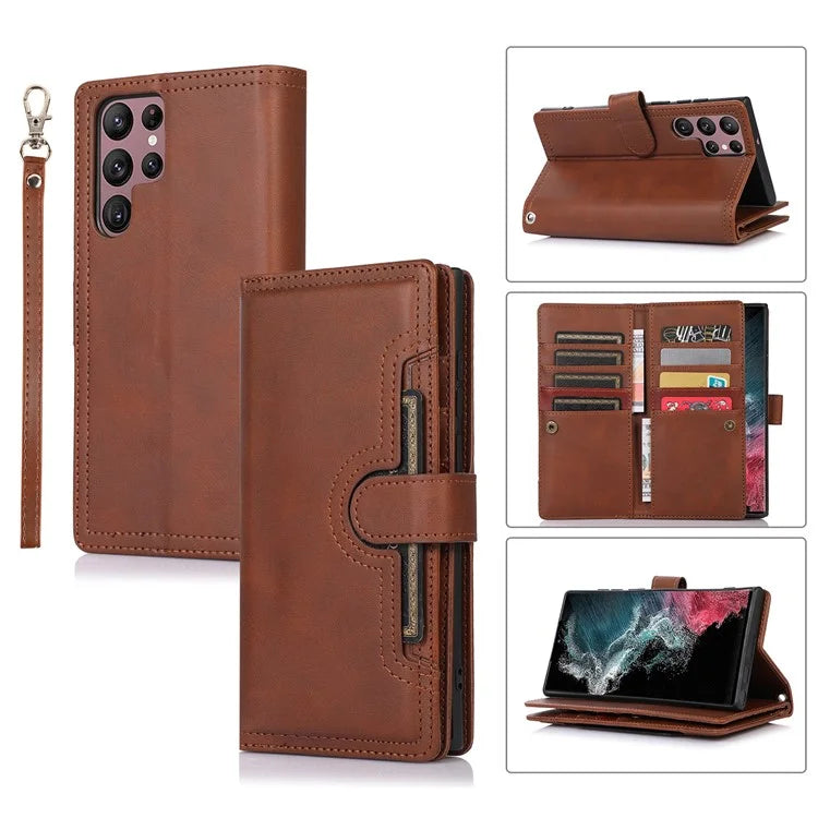 For Samsung Galaxy S24 Ultra Case Split Leather Magnetic Wallet Phone Protector with Wrist Strap