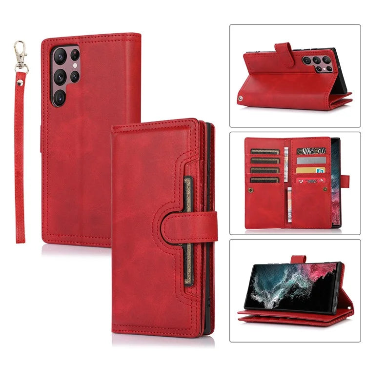 For Samsung Galaxy S24 Ultra Case Split Leather Magnetic Wallet Phone Protector with Wrist Strap