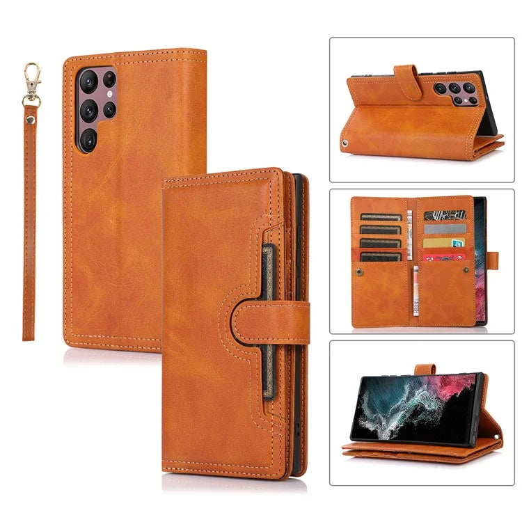 For Samsung Galaxy S24 Ultra Case Split Leather Magnetic Wallet Phone Protector with Wrist Strap