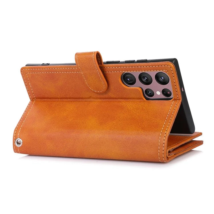 For Samsung Galaxy S24 Ultra Case Split Leather Magnetic Wallet Phone Protector with Wrist Strap