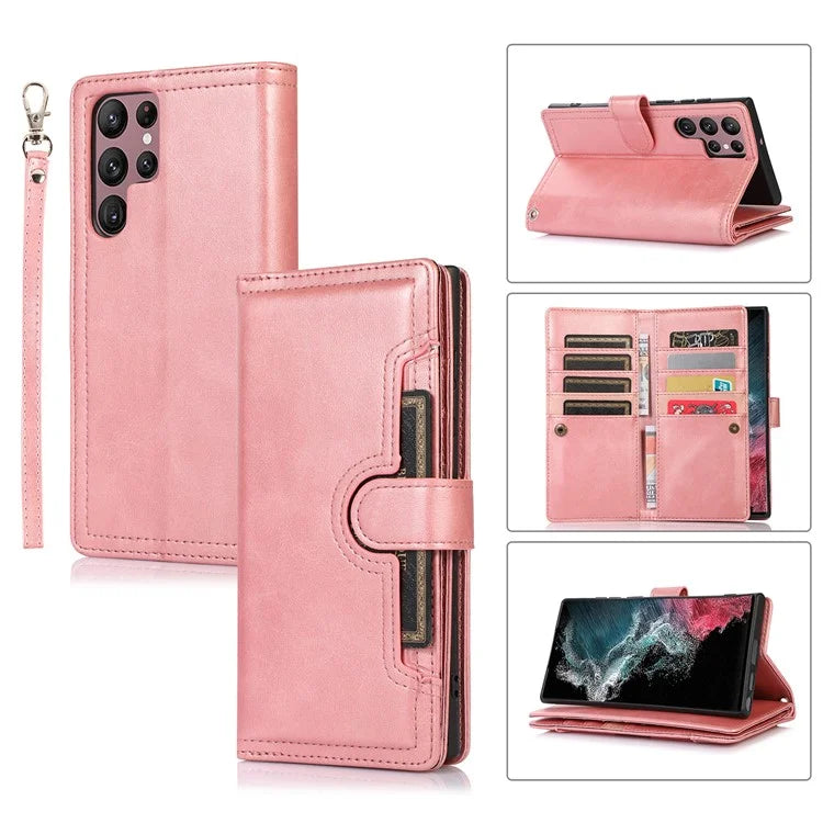 For Samsung Galaxy S24 Ultra Case Split Leather Magnetic Wallet Phone Protector with Wrist Strap