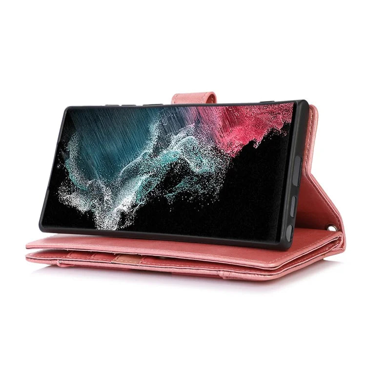 For Samsung Galaxy S24 Ultra Case Split Leather Magnetic Wallet Phone Protector with Wrist Strap
