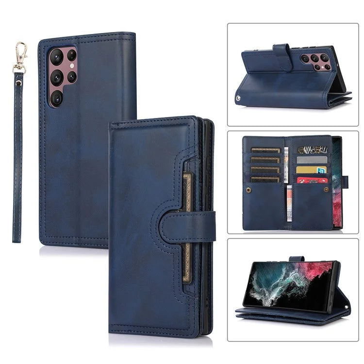For Samsung Galaxy S24 Ultra Case Split Leather Magnetic Wallet Phone Protector with Wrist Strap