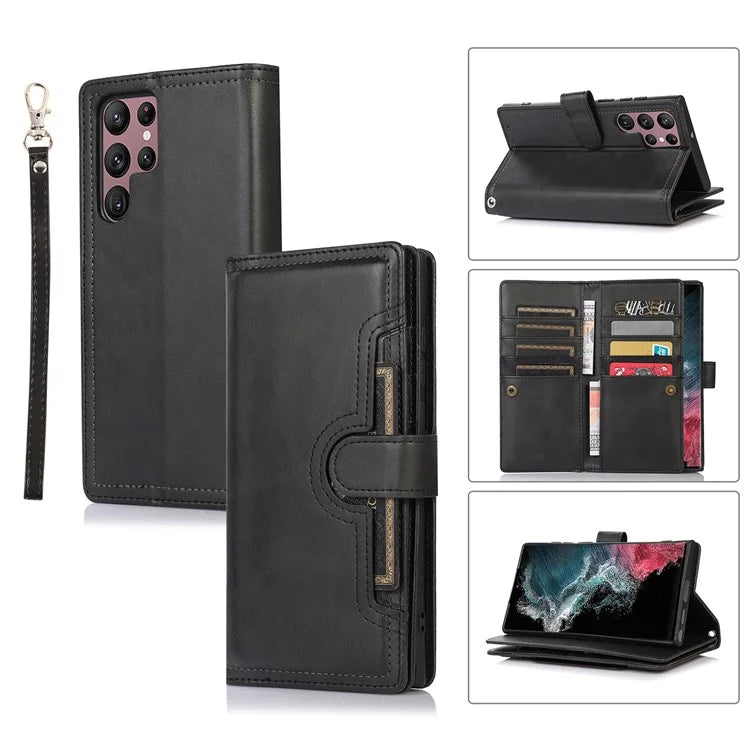 For Samsung Galaxy S24 Ultra Case Split Leather Magnetic Wallet Phone Protector with Wrist Strap
