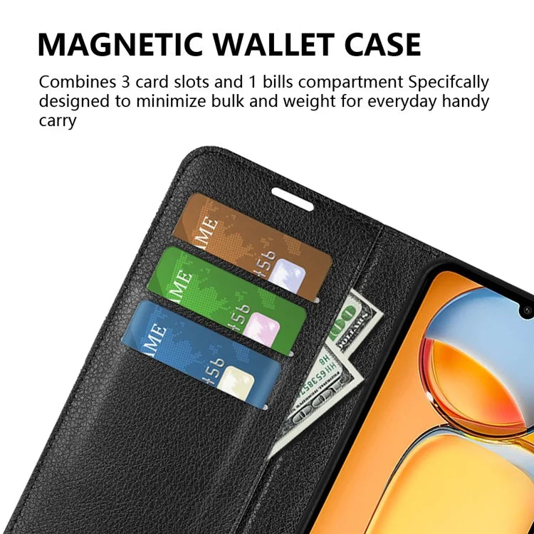 For Xiaomi Redmi 13C 4G / Poco C65 4G Case Litchi Texture Leather Phone Cover with Magnetic Closure