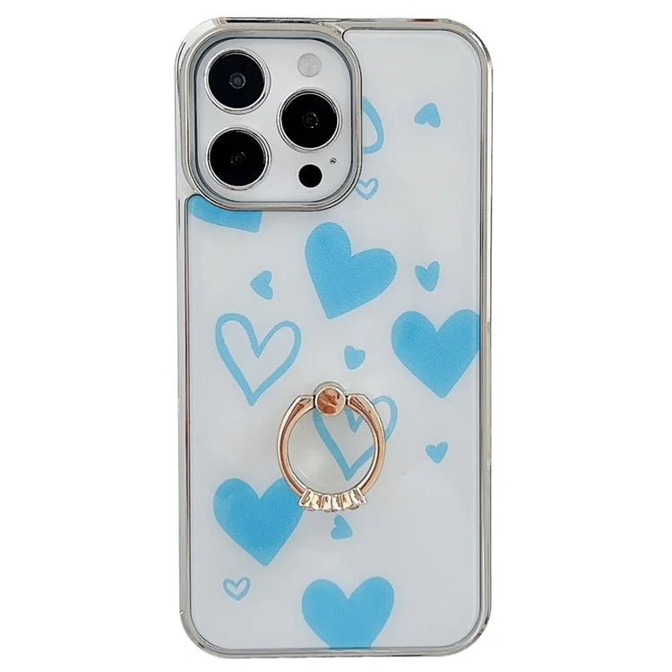 For iPhone 15 Pro Electroplating Case Heart Pattern PC+TPU Kickstand Cover