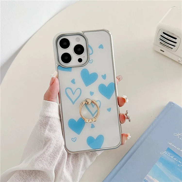 For iPhone 15 Pro Electroplating Case Heart Pattern PC+TPU Kickstand Cover