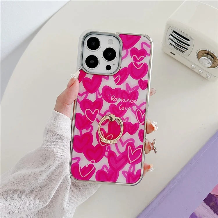 For iPhone 15 Pro Electroplating Case Heart Pattern PC+TPU Kickstand Cover