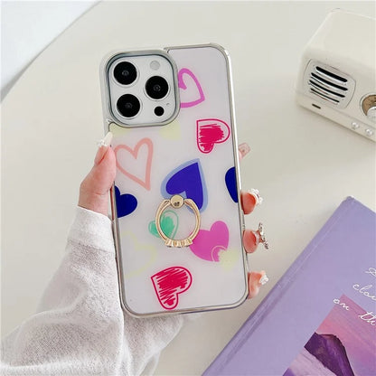 For iPhone 15 Pro Electroplating Case Heart Pattern PC+TPU Kickstand Cover